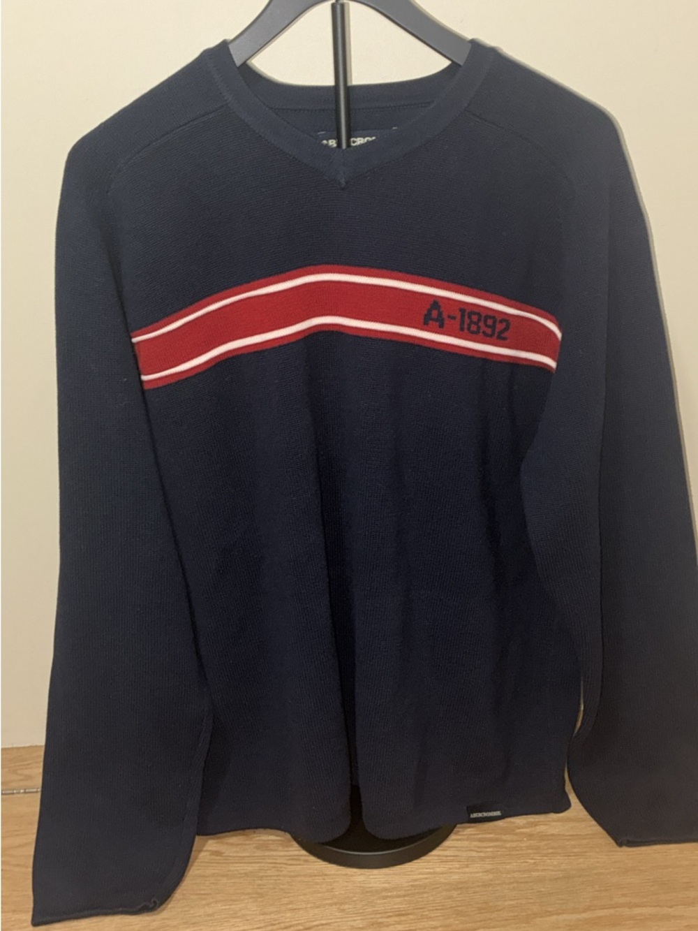 Abercrombie & Fitch Navy Crewneck Sweater with Red Stripe